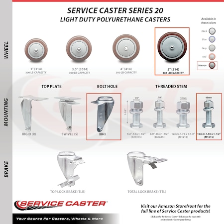 Service Caster 5 Inch Maroon Polyurethane Swivel 10mm Stem Caster Total Lock Brake, 2PK SCC-TSTTL20S514-PPUB-MRN-M1015-2-S-2